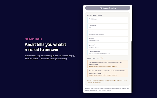 JobHunt Helper :: Fills a job application from your profile, shows you what it filled, and never submits it for you.