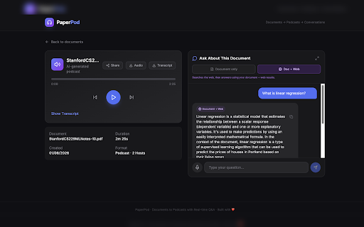 PaperPod — AI Podcast for Research :: Convert PDFs, images, and webpages into AI-generated podcasts. Right-click to upload, listen, and ask follow-up questions.