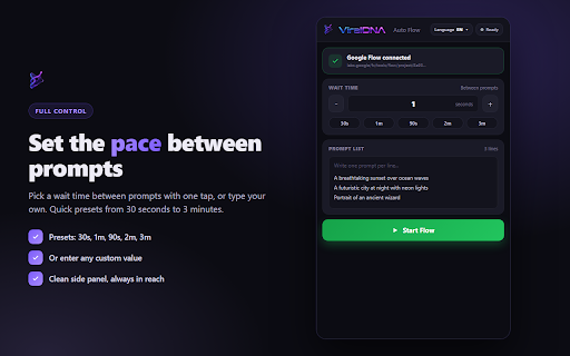 ViralDNA Auto Flow :: Batch-automate your prompts in Google Flow: queue prompts, auto-attach a reference image, and auto-download every result.