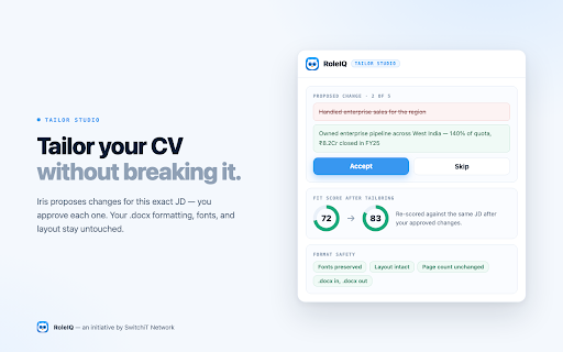 RoleIQ — Find Your Fit :: SwitchiT Network RoleIQ: score your CV against any job, catch ATS rejections, and tailor your resume in one click.
