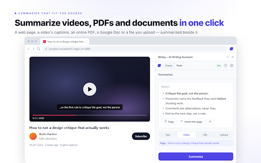 Writey AI :: Rewrite, fix, translate and summarize on any page. Chat with the page you're reading, and summarize YouTube videos and PDFs.