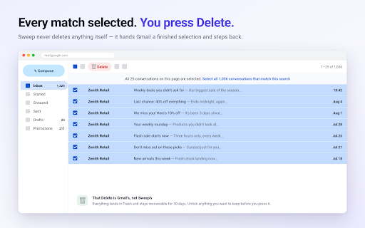 Sweep — Bulk Delete Email by Sender for Gmail :: Delete every email from one sender in two clicks. Filter by age, size or read state first. No sign-in, nothing leaves your browser.