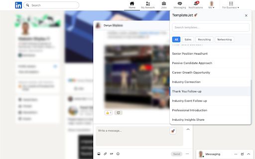 TemplateJet - message templates for LinkedIn, Telegram & WhatsApp :: Save time and get more replies with one-click personalized templates for LinkedIn, Telegram & WhatsApp. Fast, easy, effective.
