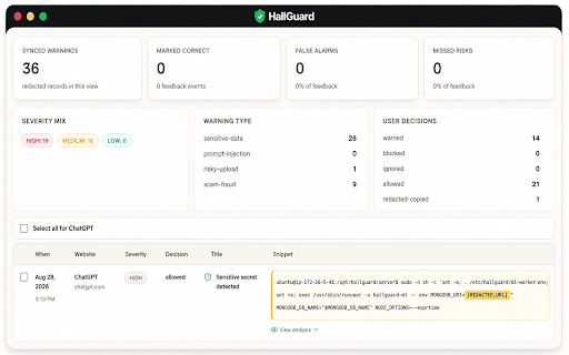 HallGuard :: HallGuard is a local-first AI permission firewall that warns before risky prompts, uploads, and scam-like content.