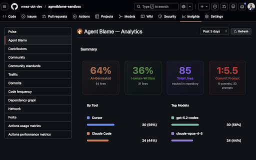 Agent Blame :: See AI-generated vs human-written code on GitHub PRs