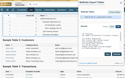 NetSuite Export Tables and Lists :: Transform NetSuite tables and lists into JSON or CSV instantly. Preserve data types, customize exports and boost productivity