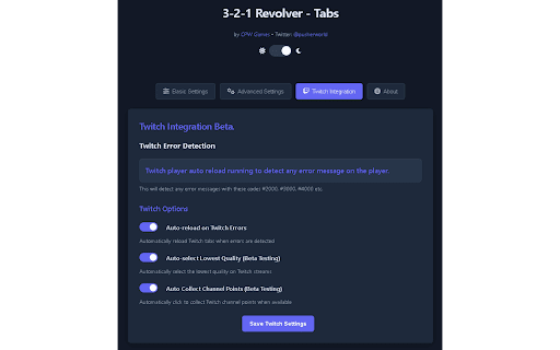 3-2-1 Revolver - Tab Rotator & Twitch Auto-Reloader :: Automatically rotate through open tabs and auto-refresh Twitch player on errors. (Right Click To Open Options & To Start Extension.)