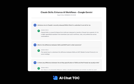 AI Chat TOC - AI Conversation Navigation :: Adds a side table of contents to ChatGPT, Gemini and Claude conversations, with bookmarks and export tools.