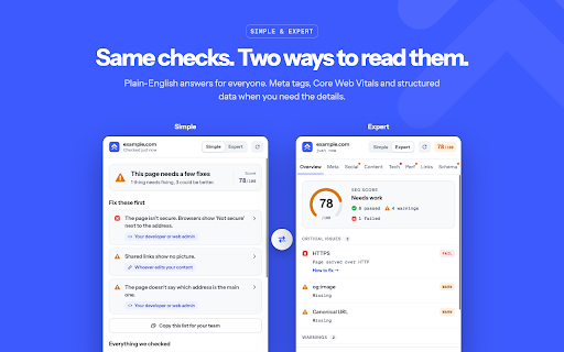 The Only SEO Extension You Need :: Full SEO audit in one click — meta tags, Open Graph, Core Web Vitals, structured data, hreflang, images, links, and accessibility.