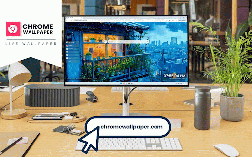 Raining in Japan Live Wallpaper :: Cozy balcony garden glows warmly against rain-drenched blue cityscape of Tokyo.