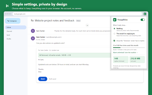 ThreadTrim: Trim Quoted Text in Gmail Replies :: Stop sending the whole conversation. Removes the previous emails quoted under your Gmail™ replies, so every message stays short.