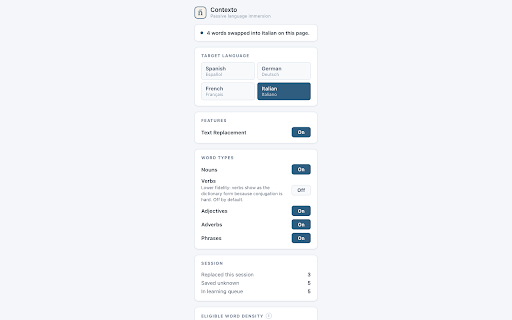 Contexto :: Learn Spanish, German, French, or Italian while you read — words change in context, fully on-device.