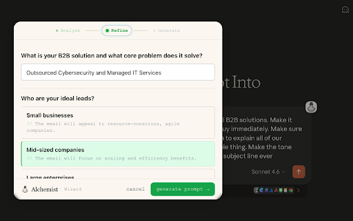 Alchemist – AI Prompt Optimizer & Generator :: AI prompt optimizer and generator. Write better prompts, get better AI responses, directly in your browser.