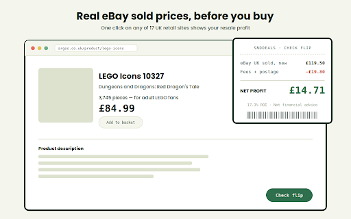 SNDDeals: eBay Sold Price & Reseller Profit Checker :: Real eBay UK sold prices and net profit before you buy to flip. 17 UK retailers, 7 free checks, no card required.