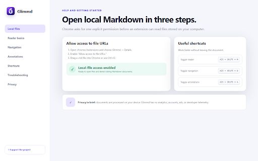 Glimmd — Markdown Reader :: Read Markdown in Chrome with themes, an outline, auto refresh, folder navigation, and custom styles.