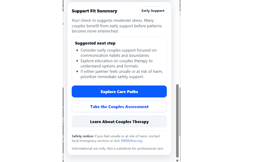 Couples Mental Health Check-In | CouplesRehab :: Private couples relationship check-in tool with local-only use. Informational guidance only. CouplesRehab.com.