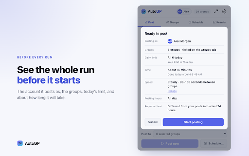 AutoGP – Facebook Group Auto Poster :: Post to all your Facebook groups automatically with spintax, scheduling, and live results.
