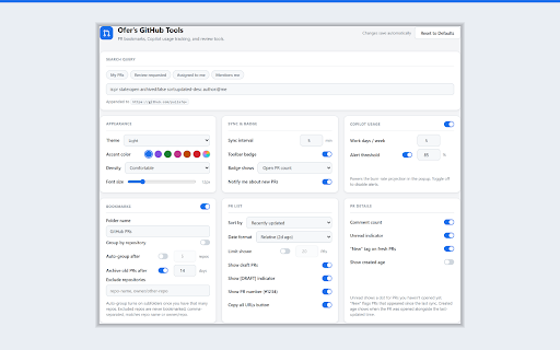 Ofer's GitHub Tools :: Sync GitHub pull requests to bookmarks, track Copilot usage, and add practical pull request review tools.