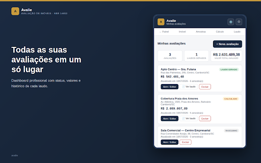 Avalie — Avaliação de Imóveis NBR :: Avaliação de imóveis conforme a NBR 14653: amostras, cálculo estatístico (comparativo e regressão) e laudo em PDF.