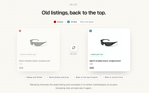 SaleLinx - Depop & Vinted Crosslister :: Crosslist Depop to Vinted in seconds. Bulk relist, refresh, price drops, offers and shipping labels in one panel.