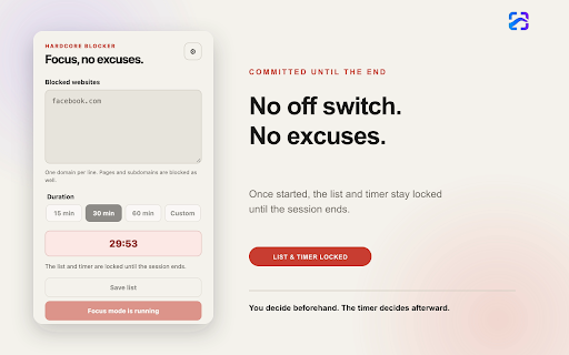 Hardcore Website Blocker – Fokus & Produktivität :: Blockiert ausgewählte Websites während eines verbindlichen Fokus-Timers. Blocker-Daten bleiben lokal.