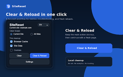 SiteReset - Clear Cache & Site Data :: Clear cache, local storage and cookies for the current site, with optional reload and quick per-use controls.
