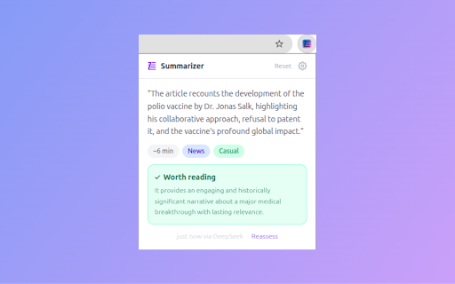 Summarizer :: Triage any article in seconds — verdict, reading time, and key argument before you commit.