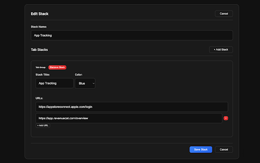 Tab Stacks: Tab group launcher :: Tab Stacks lets you instantly open sets of saved websites grouped by workflow. Launch all your tabs for a task with one click.