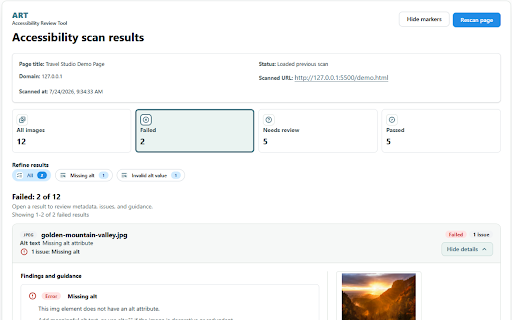 ART - Accessibility Review Tool :: Review images, alt text, and related accessibility signals directly in Chrome.