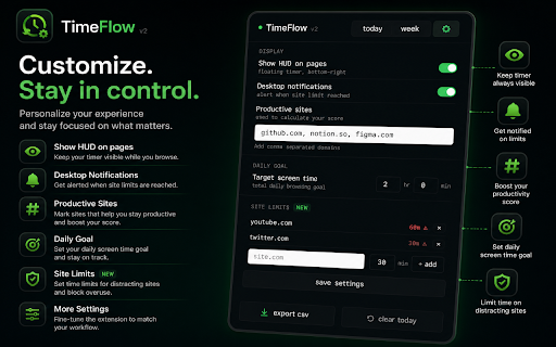 TimeFlow — Web Time Tracker :: Track exactly how much time you spend on every website. Live counter, daily summary, streaks, goals & more.