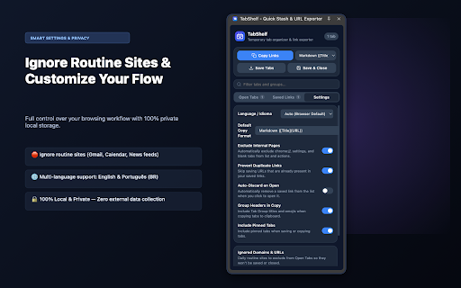 TabShelf - Quick Stash & URL Exporter :: Stash tabs temporarily, organize tab groups in a sleek side panel, and copy all URLs with 1-click for meeting chats and notes.