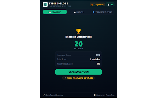 Typing Speed Test : by Typing Globe :: Test typing speed, WPM, and accuracy instantly. Live tracking widget for Google Docs, Word, and web pages with customizable timers.