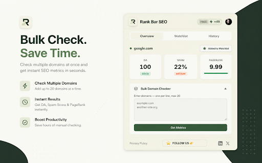 Rank Bar SEO – Free Domain Authority & Spam Score Checker :: Fast, modern SEO toolbar with Bulk check Free Domain Authority, Spam Score, and PageRank checker. Dofollow/nofollow link highlighter