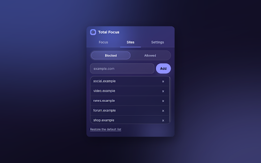 Total Focus :: Blocks distracting sites for a set time. A password keeps you from quitting on impulse.