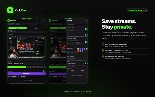 Kick Max :: Kick.com stream toolkit — watch live streams, browse VODs, and manage favorites from the sidebar