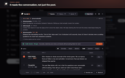 Socialnib — AI Reply Assistant for X / Twitter :: AI reply assistant for X (Twitter). Thread-aware, human-sounding replies in 20 tones, dropped straight into your reply box.