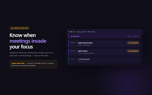 Notification Mute & Focus Hours — Quiethours :: Block focus time on Google Calendar. Protect deep work from meetings. | Not affiliated with Anthropic, PBC.
