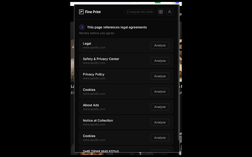 Fine Print: AI Terms of Service Reader :: AI terms of service reader. Auto-detects ToS and privacy policies, then flags red flags before you click Accept.