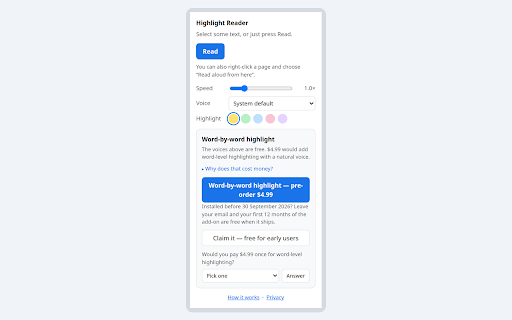 Highlight Reader — Read Aloud, Highlight on the Page :: Reads any web page aloud and highlights each sentence on the page as it goes. Free voices, no account, nothing leaves your browser.