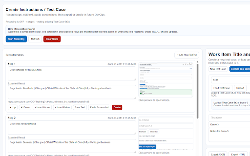 ADO Test Helper :: Capture manual test steps with screenshots, create or update Azure DevOps test cases, run tests, and create bugs faster.