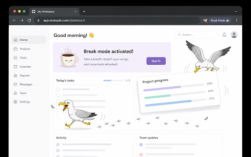 Seagull Prank: Browser Mischief :: Prank seagull with break mode using ordinary steal pipeline, two gulls, stable banner, and configurable fake cursor duration.