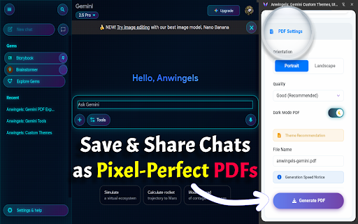 Anwingels: Gemini Custom Themes, UI Styles & PDF Export :: Anwingels: Gemini Custom Theme Creator. Real-time editor for Dark Mode, skins, backgrounds, UI tweaks, and one-click PDF downloads.