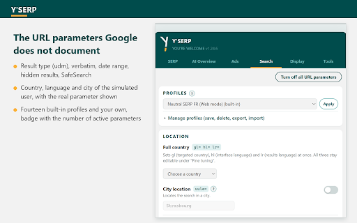 Y'SERP :: Paramètres d'URL Google Search, lecture de la SERP, AI Overview et annonces, journal des positions : le SEO sans quitter Google.