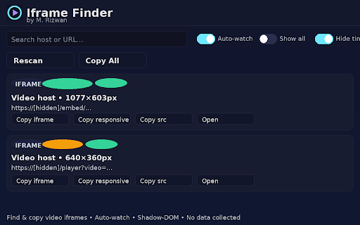 Video Iframe Finder :: Finds video iframes on the current page and lets you copy beautiful embed code with one click.