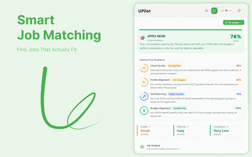 Upwork Copilot: AI Proposal Generator & Job Scorer :: AI assistant for Upwork. Score job fits, write winning proposals, and optimize your profile to save Connects and win more jobs.