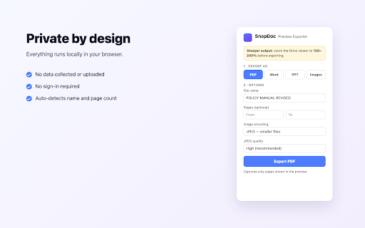 SnapDoc: Preview Exporter :: Save Google Drive document previews as PDF, Word, PowerPoint, images or ZIP — with page ranges, quality and layout options.