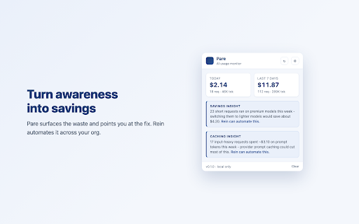Pare - AI usage monitor :: See what your AI usage costs, by model - tracked privately on your own device. Works with ChatGPT, Claude, Gemini, and more.