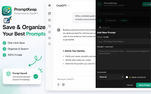 PromptKeep - ChatGPT Prompt Saver :: Save, organize, search, and reuse ChatGPT prompts effortlessly.