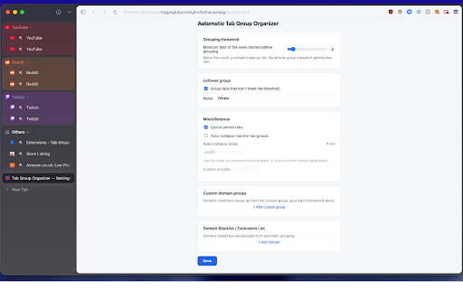 Automatic Tab Group Organizer :: Automatically groups your tabs by domain with smart thresholds and custom rules.