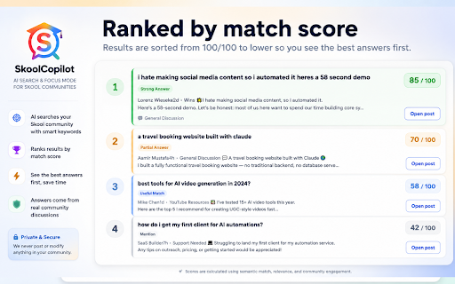 SkoolCopilot :: SkoolCopilot helps you find answers across Skool communities with AI search and stay focused with distraction-free learning mode.
